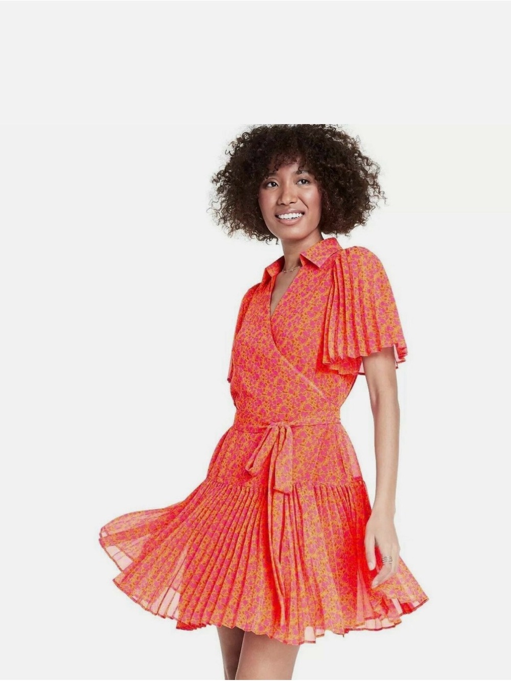 ALEXIS for Target Orange Floral Flutter Sleeve Pleated Wrap Dress